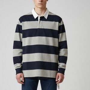 Piombo Men's Long Sleeve Striped Polo Sweatshirt Gray/Black Size Large NWT